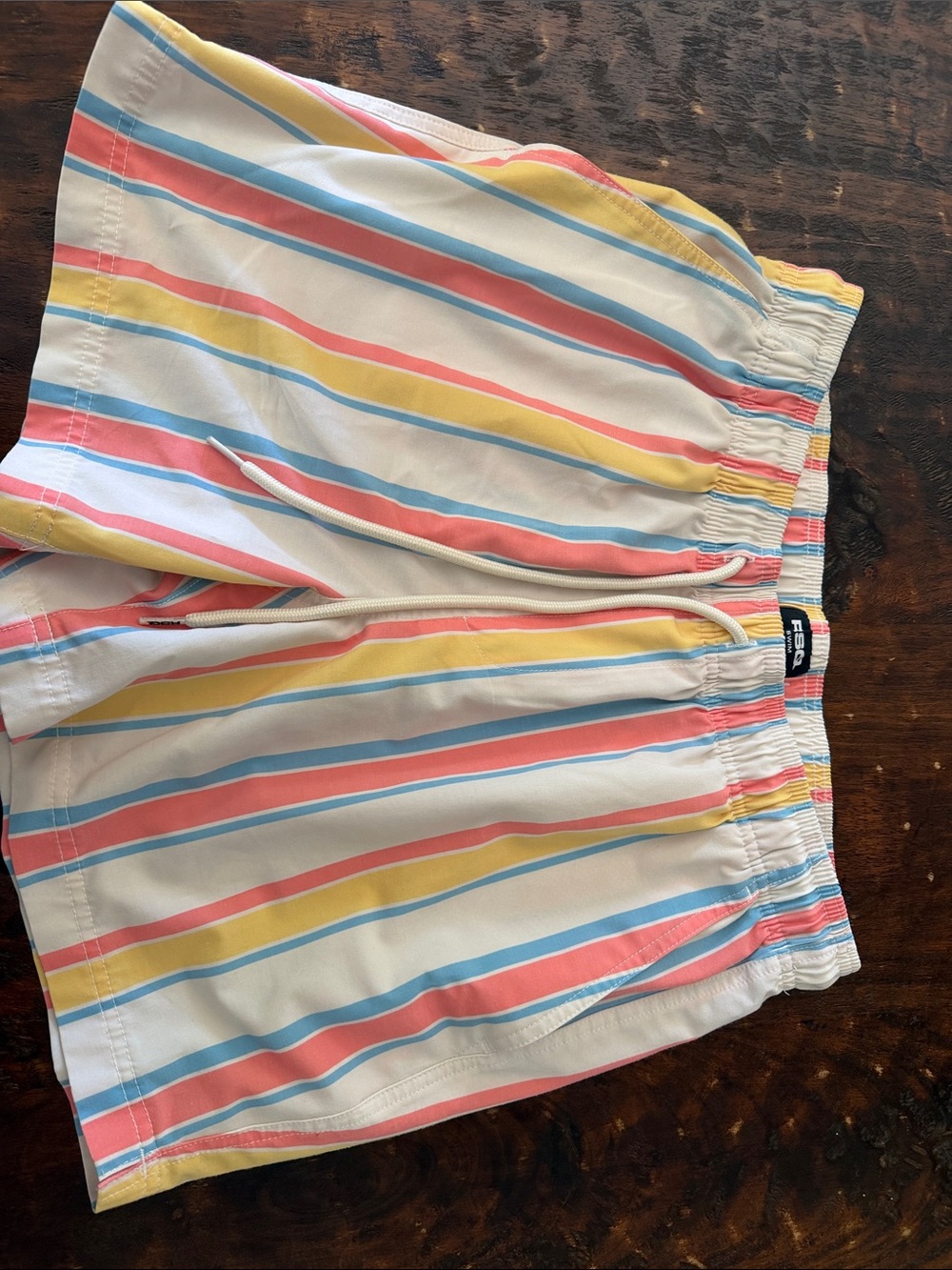 RSQ Men’s White Striped Swim Shorts with Pink, Yellow & Blue
